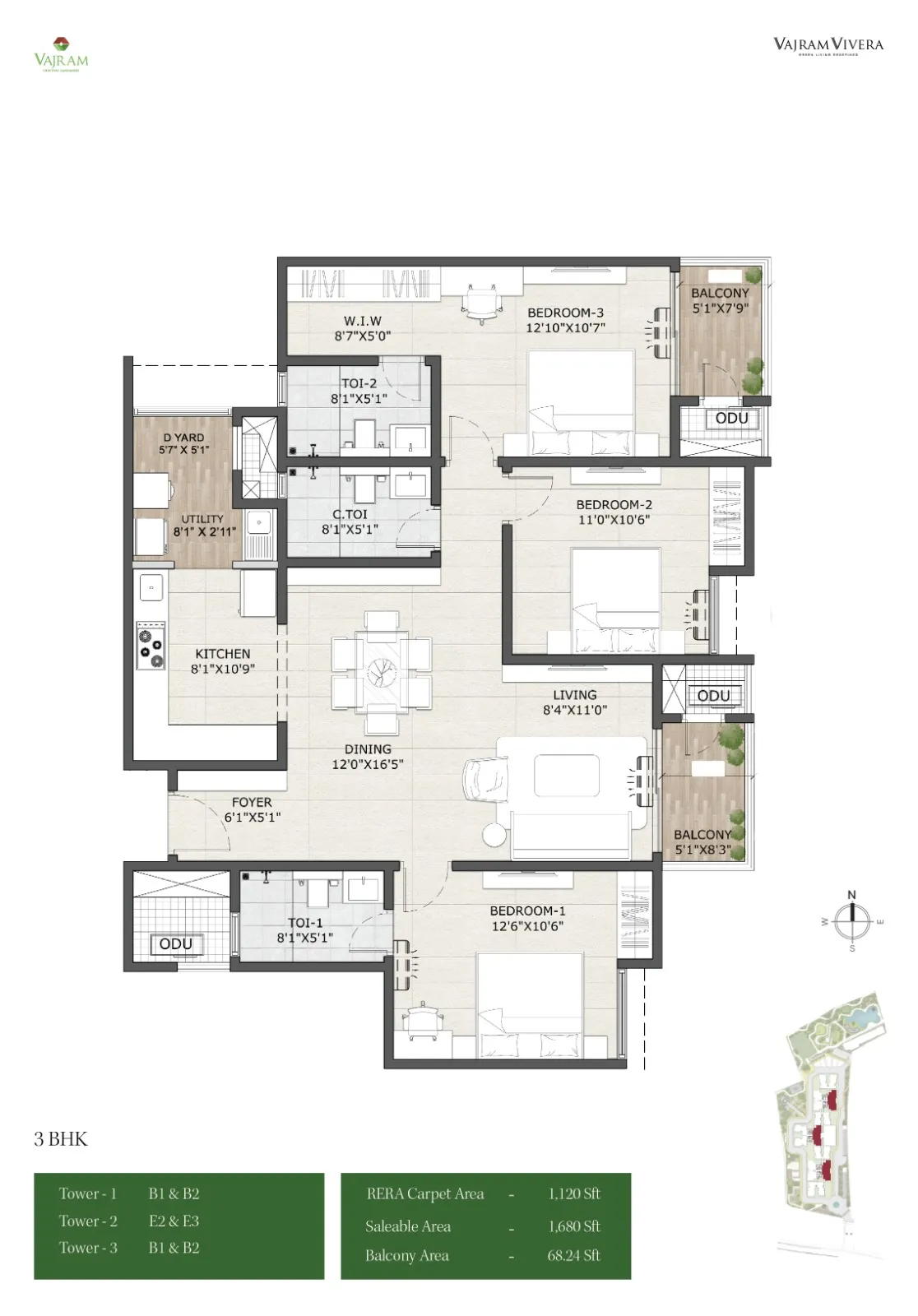 3 BHK Floor Plan 1680 Sq.Ft - Vajram Vivera