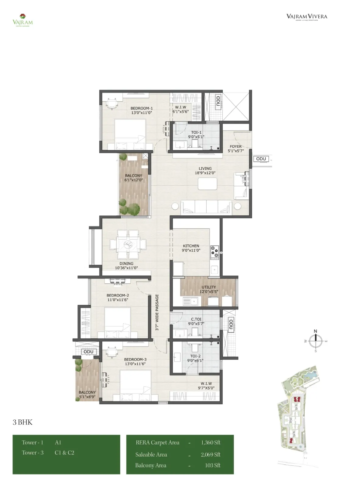 3 BHK Floor Plan 2069 Sq.Ft - Vajram Vivera
